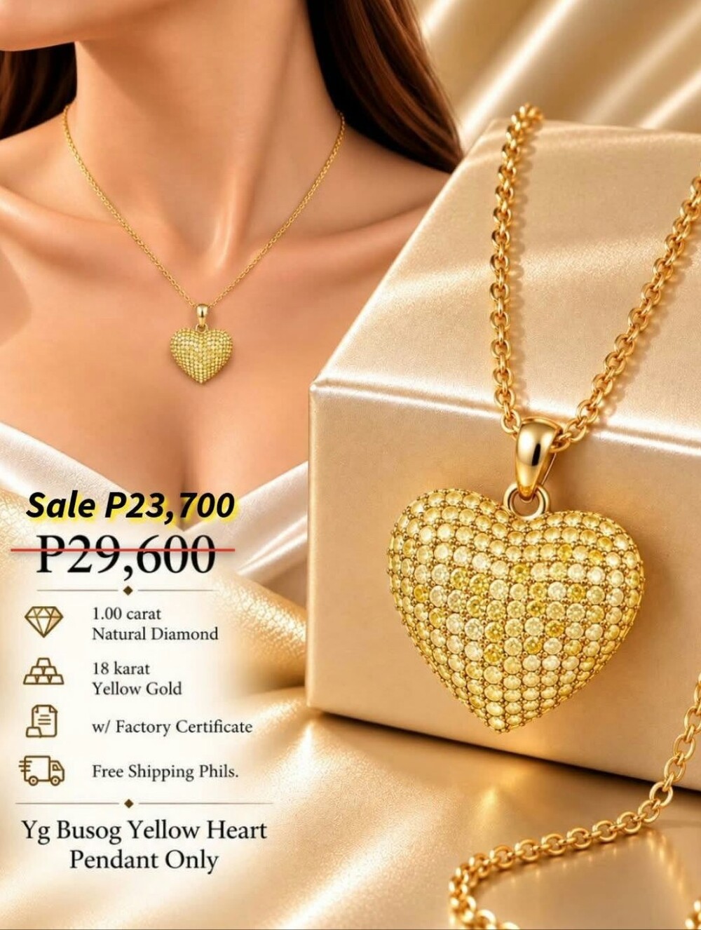 Yellow Gold Heart Pendant Necklace - 18K 1 Carat